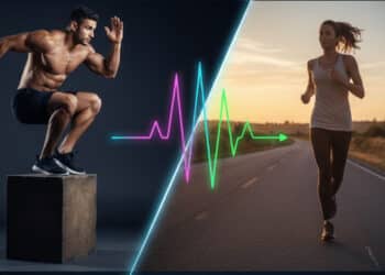 A visual split showing the contrast between high-intensity interval training HIIT for Powerlifters with a person sprinting and low-intensity steady state cardio
