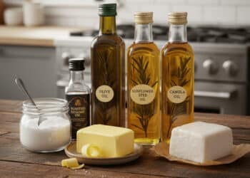 collection of fats used for cooking, such as solid butter, liquid olive oil in a glass bottle, and various vegetable and seed oils, highlighting the range of options.