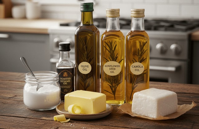 collection of fats used for cooking, such as solid butter, liquid olive oil in a glass bottle, and various vegetable and seed oils, highlighting the range of options.