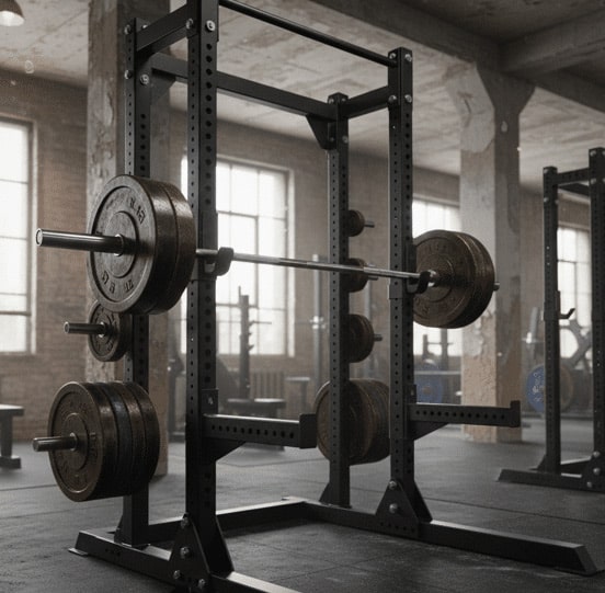 a squat rack in a powerlifting gym used to lift more weight
