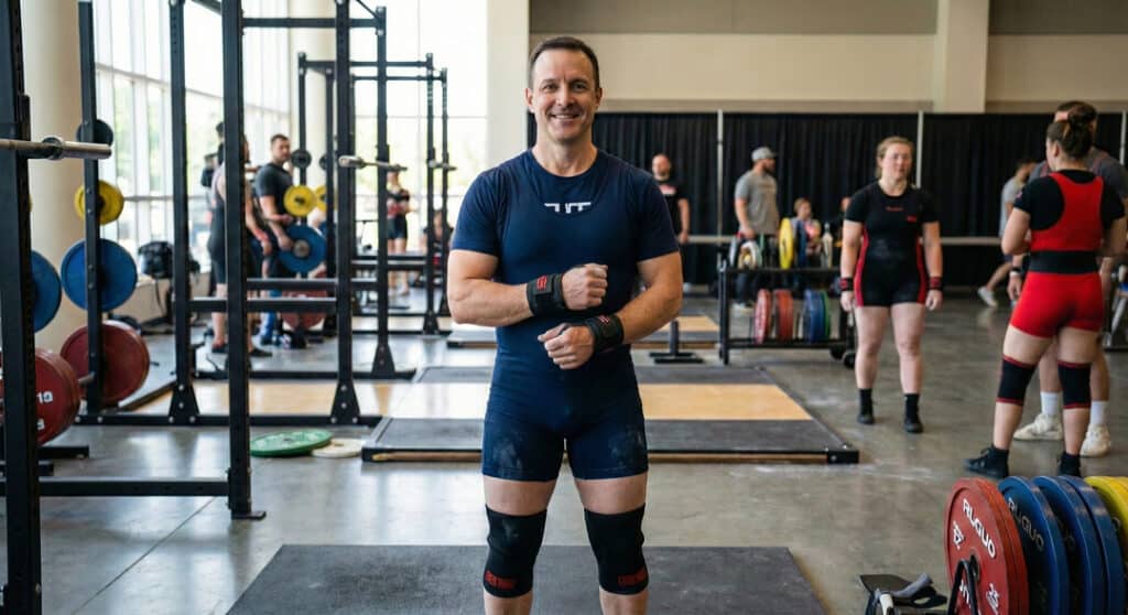 Man in a powerlifting singlet smiles as he prepares for a competition meet through strategic tapering