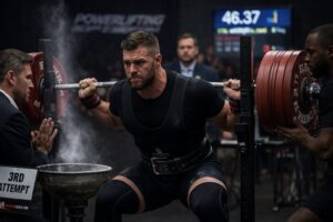 Powerlifting meet day squat competition with powerlifter lifting heavy barbell on a powerlifting meet platform with spotters and judge