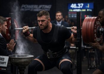 Powerlifting meet day squat competition with powerlifter lifting heavy barbell on a powerlifting meet platform with spotters and judge