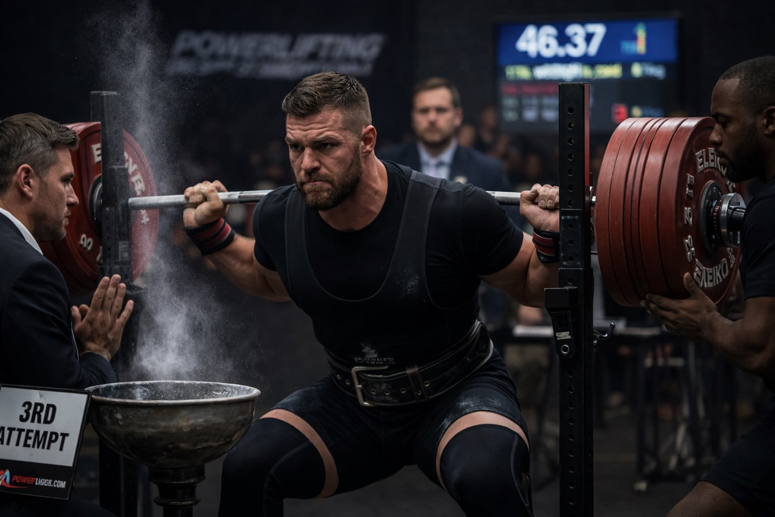 Powerlifting meet day squat competition with powerlifter lifting heavy barbell on a powerlifting meet platform with spotters and judge