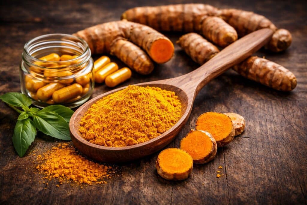 Turmeric powder, fresh turmeric root, and curcumin capsules on wooden surface representing recovery and joint support for powerlifters