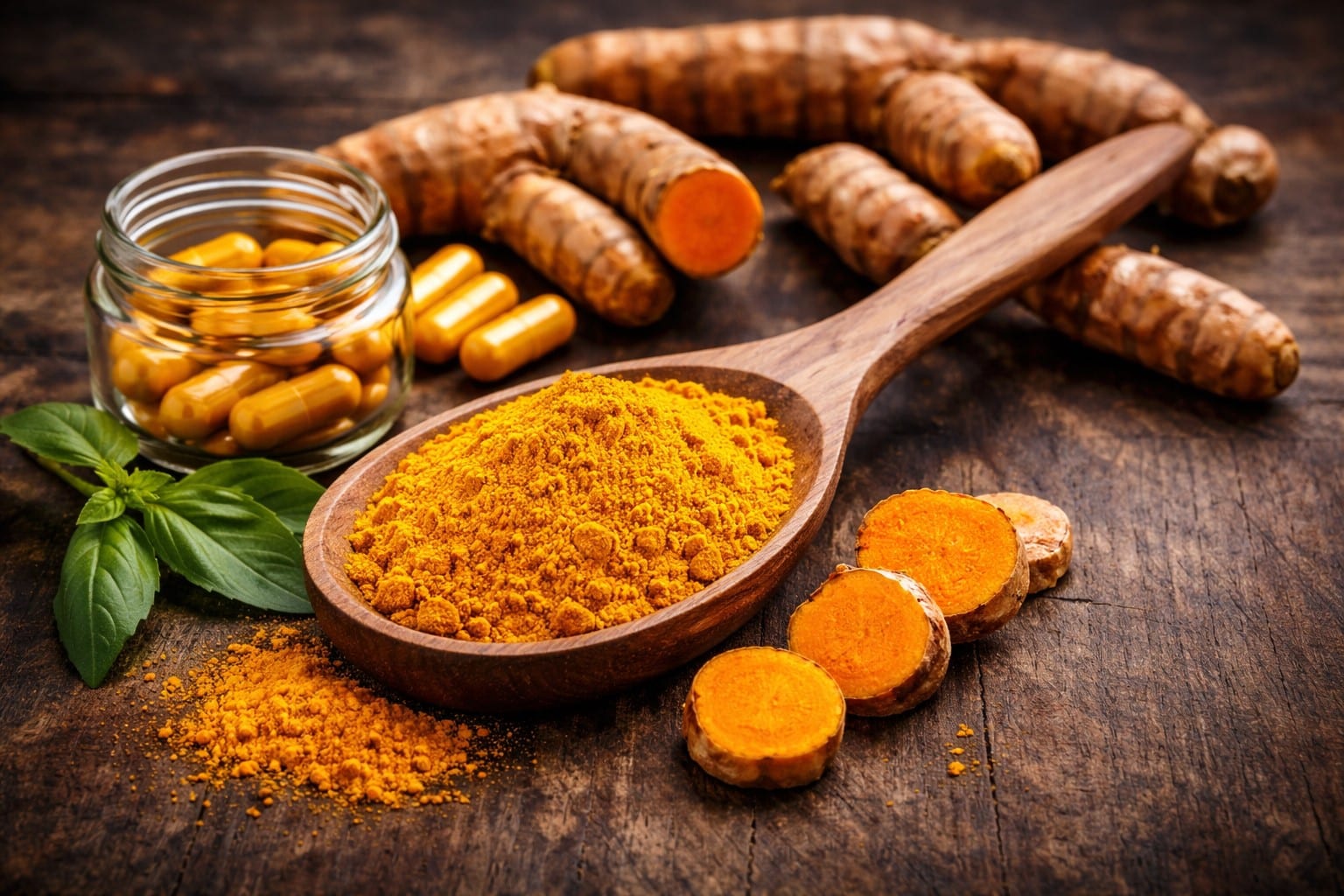 Turmeric powder, fresh turmeric root, and curcumin capsules on wooden surface representing recovery and joint support for powerlifters
