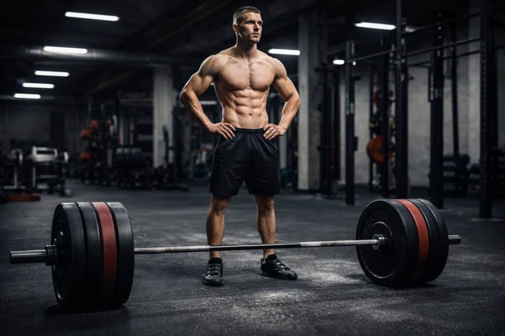 Lean powerlifter standing behind a loaded barbell preparing for a deadlift training session