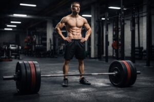 Lean powerlifter standing behind a loaded barbell preparing for a deadlift training session