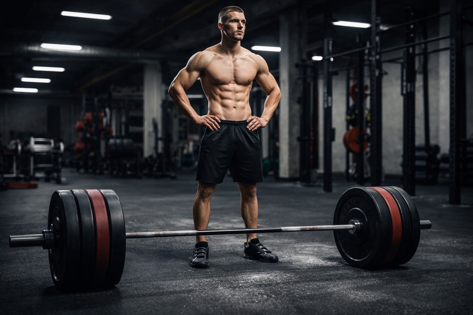 Lean powerlifter standing behind a loaded barbell preparing for a deadlift training session