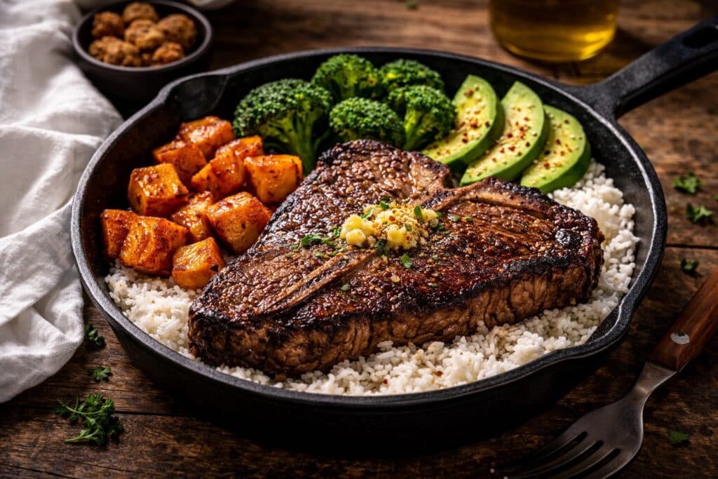 A ribeye steak with vegetables over rice in a cast iron skillet, perfect for fueling powerlifting performance
