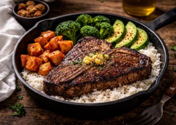 A ribeye steak with vegetables over rice in a cast iron skillet