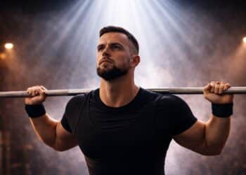 Focused powerlifter prepares to do a powerlifting squat with a barbell on his shoulders