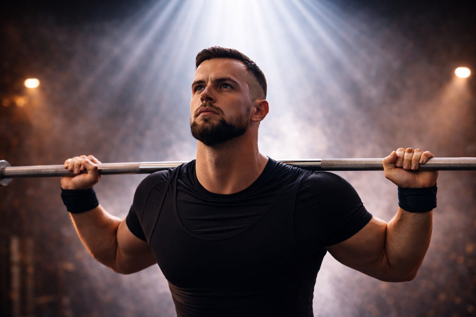 Focused powerlifter prepares to do a powerlifting squat with a barbell on his shoulders
