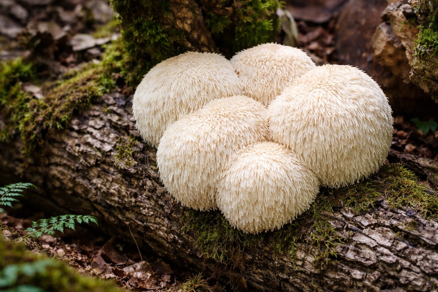Lion’s mane mushroom growing on a log in a forest, commonly discussed in powerlifting nutrition