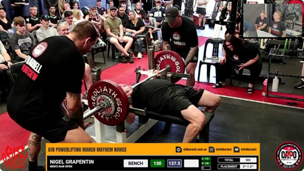 Nigel Grapentin 137.5 kg Bench Press 618 Powerlifting March Mayhem Novice
