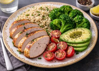 A balanced plate of chicken, rice, and vegetables to support optimal powerlifting nutrition
