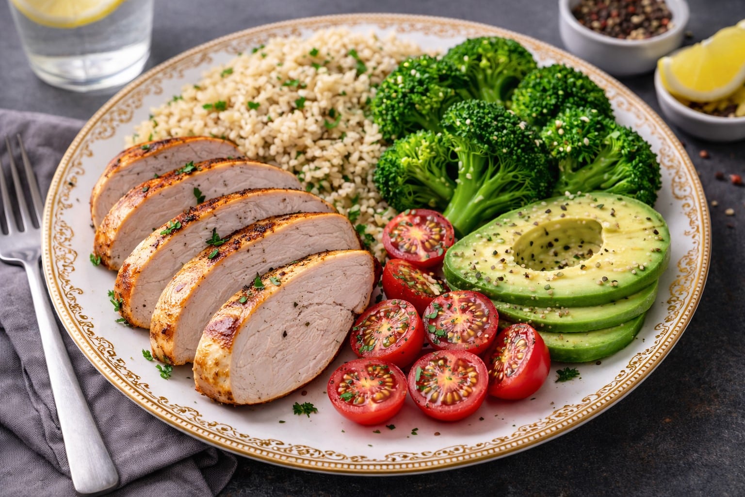 A balanced plate of chicken, rice, and vegetables to support optimal powerlifting nutrition