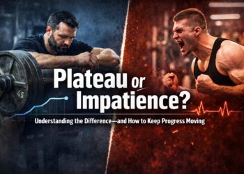 Powerlifter reflecting beside a barbell contrasted with a frustrated lifter, illustrating the question “Plateau or Impatience?” in training progress.