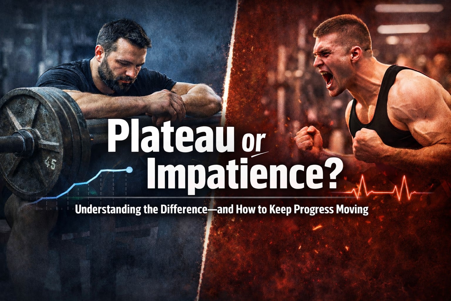 Powerlifter reflecting beside a barbell contrasted with a frustrated lifter, illustrating the question “Plateau or Impatience?” in training progress.
