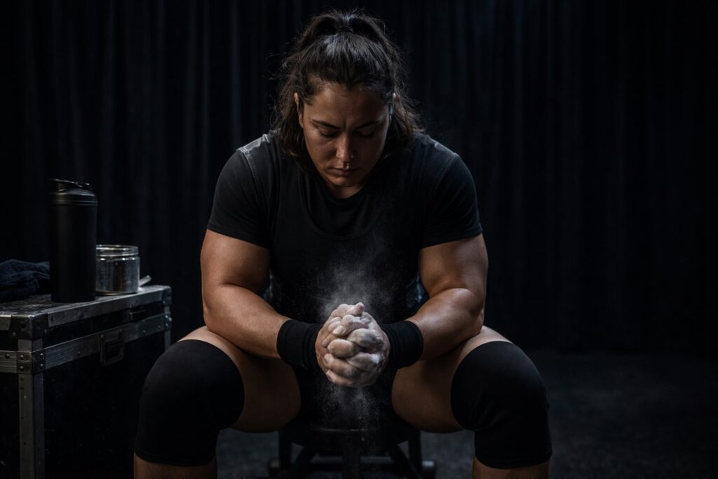 Woman powerlifter practicing psych-up techniques with chalked hands before a lift in a competition warm-up room