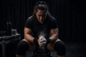Woman powerlifter psyching up with chalked hands before a lift in a competition warm-up room