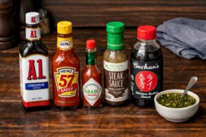 Steak sauce lineup for powerlifters including A.1., Heinz 57, Tabasco, Primal Kitchen, Bachan’s, and chimichurri