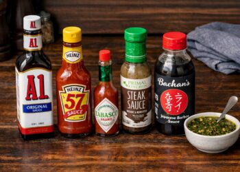 Steak sauce lineup for powerlifters including A.1., Heinz 57, Tabasco, Primal Kitchen, Bachan’s, and chimichurri