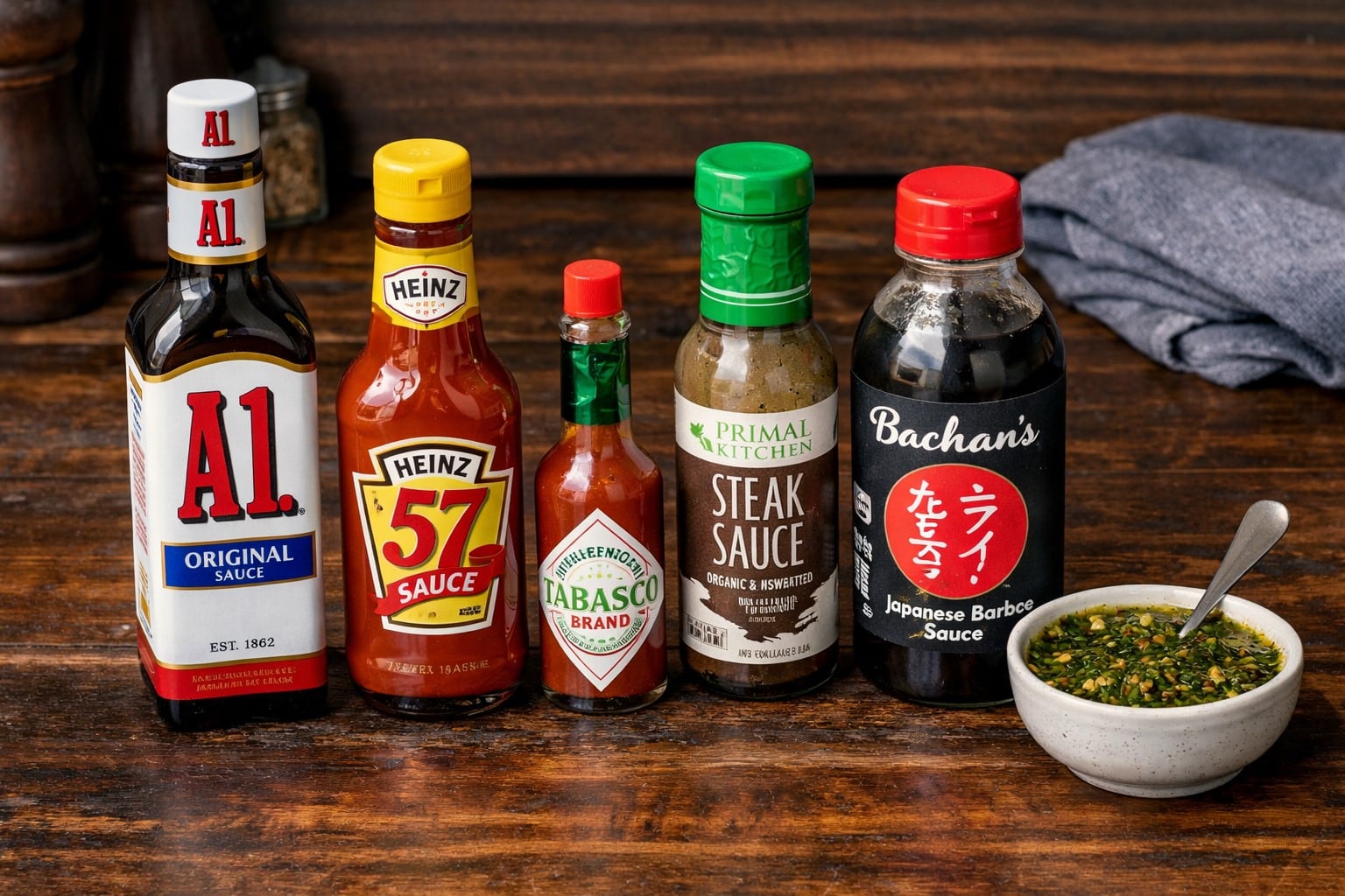 Steak sauce lineup for powerlifters including A.1., Heinz 57, Tabasco, Primal Kitchen, Bachan’s, and chimichurri