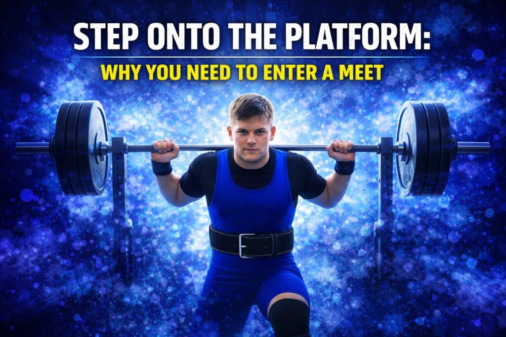 Beginner powerlifter stepping onto the meet platform with a barbell during a first powerlifting meet attempt
