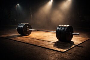 Powerlifting barbell resting on a chalk-dusted competition platform under stage lighting