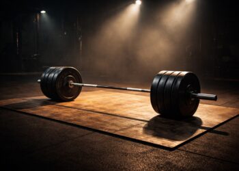 Powerlifting barbell resting on a chalk-dusted competition platform under stage lighting