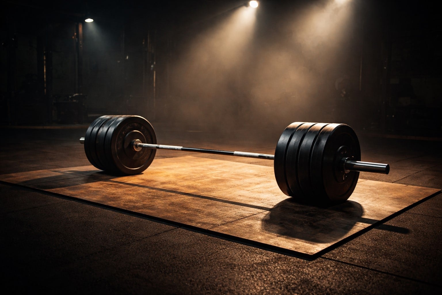 Powerlifting barbell resting on a chalk-dusted competition platform under stage lighting