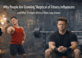 This image is a cinematic, high-contrast digital composition designed as a featured graphic for an article. It uses a "split-focus" storytelling technique to contrast two different approaches to fitness within a gritty, industrial-style gym.