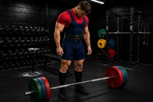 Powerlifter preparing for heavy deadlift in gym after dieting for improved body composition with loaded barbell and weight plates, strength training and powerlifting technique setup