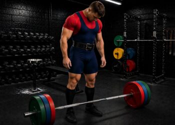 Powerlifter preparing for heavy deadlift in gym after dieting for improved body composition with loaded barbell and weight plates, strength training and powerlifting technique setup
