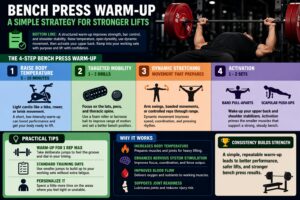 Powerlifting bench press warm-up routine showing powerlifter with barbell and system for strength, stability, and performance