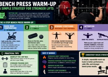 Powerlifting bench press warm-up routine showing powerlifter with barbell and system for strength, stability, and performance