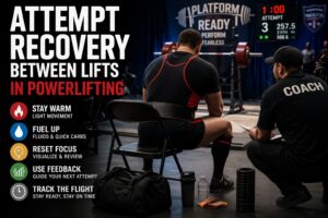 Powerlifter between attempts at meet with coach, maintaining warmth, hydration, and focus for next lift in powerlifting competition