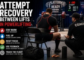 Powerlifter between attempts at meet with coach, maintaining warmth, hydration, and focus for next lift in powerlifting competition