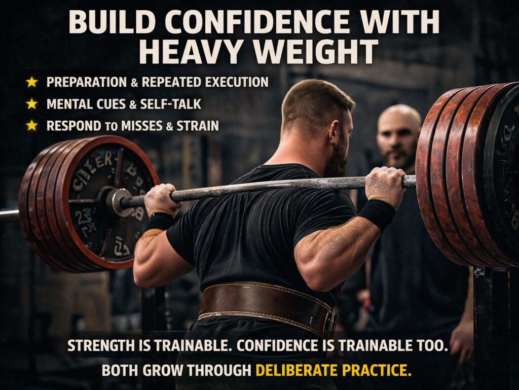 Powerlifter performing a heavy barbell squat in a gym, demonstrating strength, confidence, and powerlifting training technique
