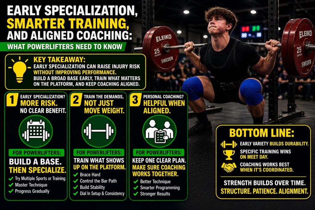 Youth powerlifter performing barbell squat at powerlifting meet, competition squat technique and strength performance. Infographic regarding Early Specialization, Smarter Training, and Aligned Coaching for Powerlifters