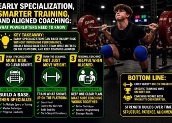 Youth powerlifter performing barbell squat at powerlifting meet, competition squat technique and strength performance. Infographic regarding Early Specialization, Smarter Training, and Aligned Coaching for Powerlifters