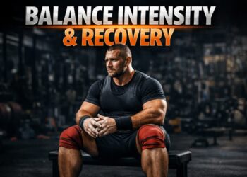 Powerlifter seated on bench in gym, focused before training session, illustrating balance of intensity and recovery for strength performance