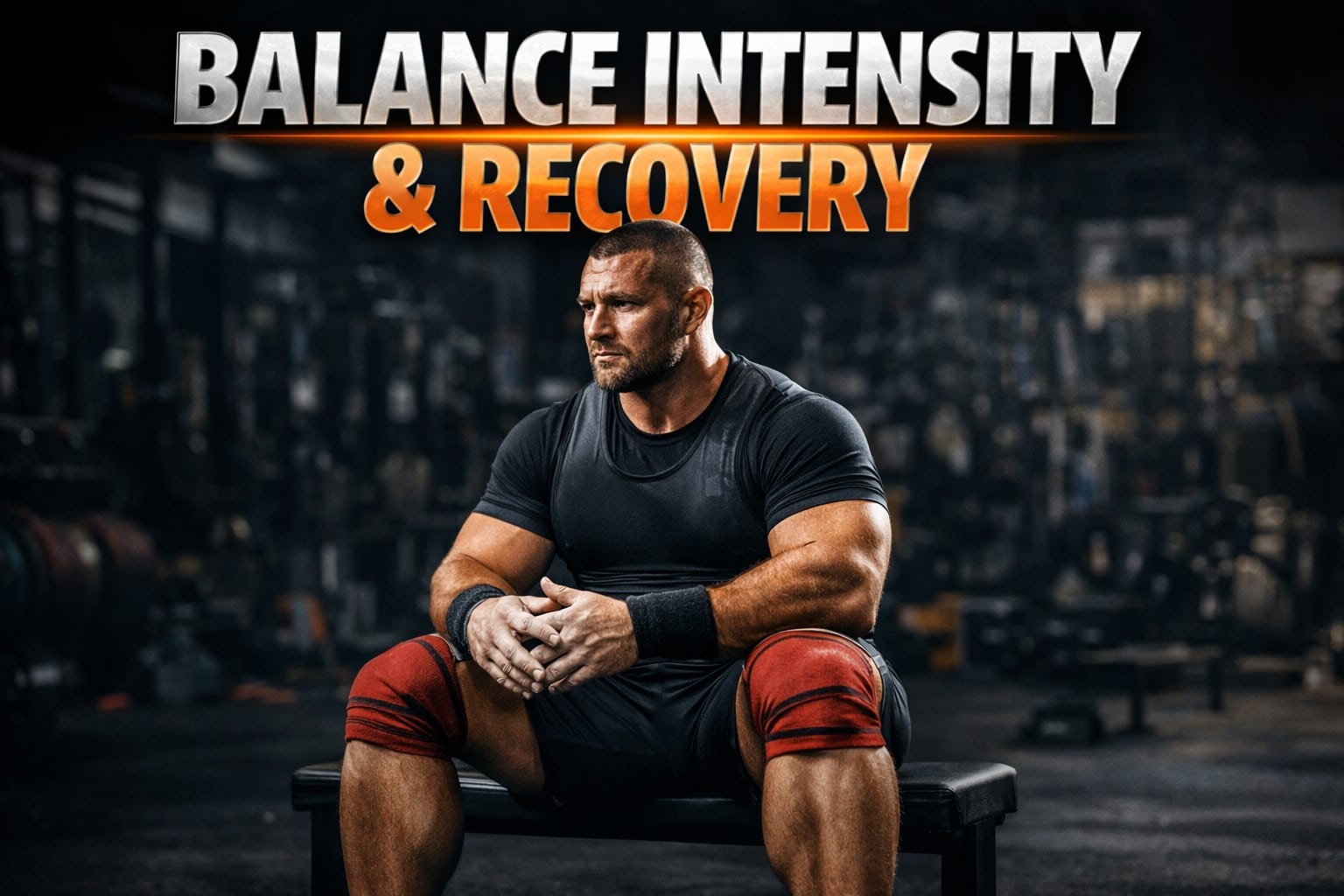 Powerlifter seated on bench in gym, focused before training session, illustrating balance of intensity and recovery for strength performance