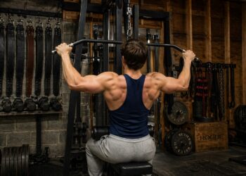Powerlifter performing lat pulldown in a garage gym, illustrating lat strength development for improved deadlift performance