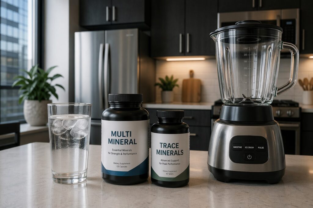 Mineral and trace mineral supplements with water and blender on kitchen counter for powerlifting nutrition