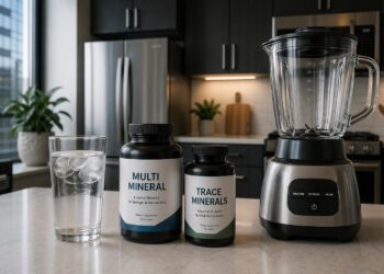 Mineral and trace mineral supplements with water and blender on kitchen counter for powerlifting nutrition