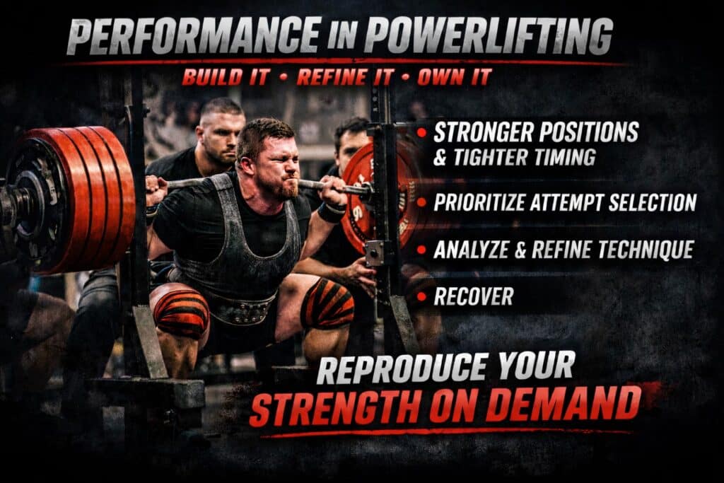 Powerlifter performing a heavy squat with a loaded barbell showcasing strength technique and competition performance execution