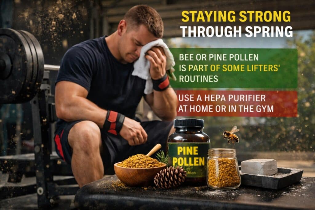 Powerlifter seated on bench in gym wiping sweat, with bee pollen and pine pollen supplements in foreground, spring training environment