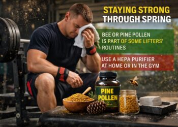 Powerlifter seated on bench in gym wiping sweat, with bee pollen and pine pollen supplements in foreground, spring training environment